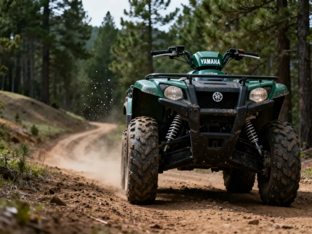 Quad terenowy Yamaha Grizzly 700 na leśnym szlaku, podkreślone opony i zawieszenie, przygotowany do jazdy off-road