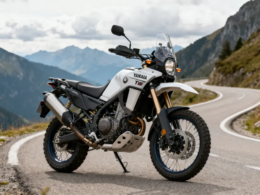 Yamaha Tenere 700 na górskiej drodze, ujęcie 3/4 przodu, podkreślone zawieszenie i silnik, w tle kręta szosa i góry