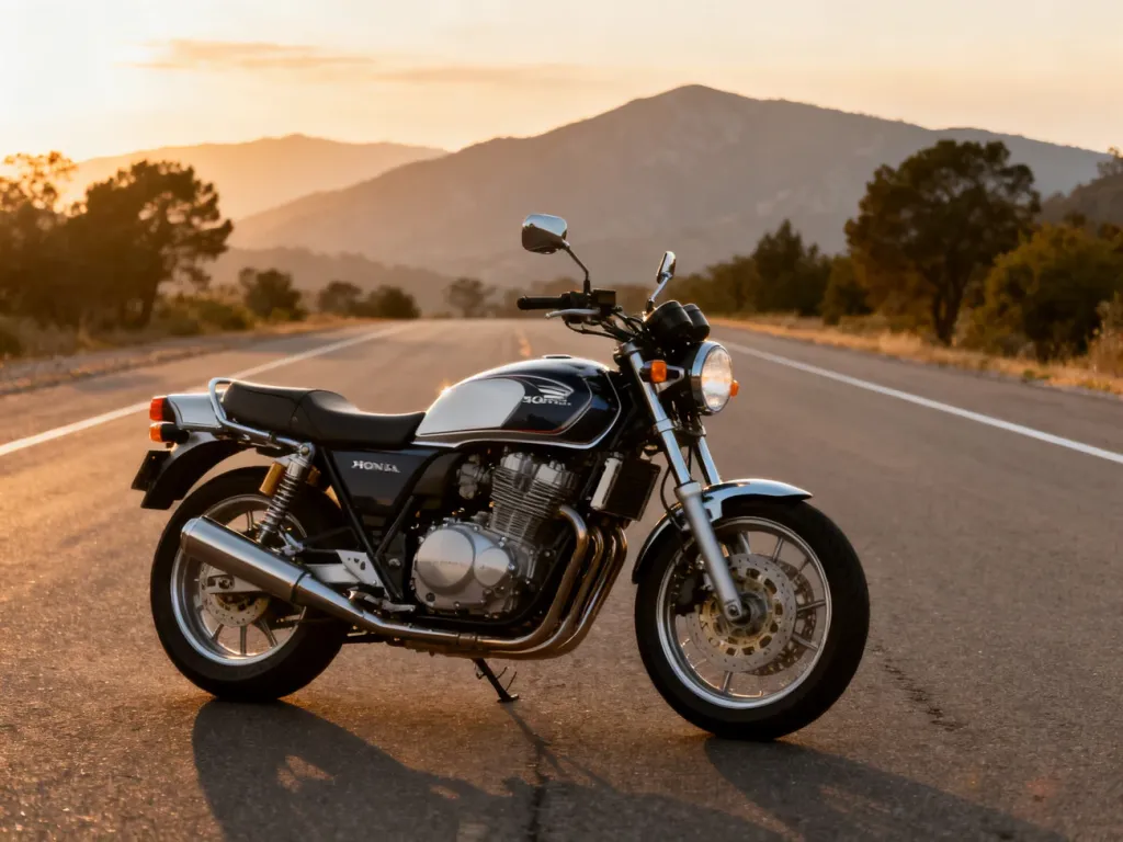 Honda Rebel 500 zaparkowany na pustej, malowniczej drodze o złotej godzinie, z detalami silnika i przedniego koła