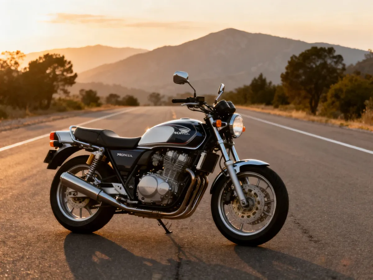 Honda Rebel 500 zaparkowany na pustej, malowniczej drodze o złotej godzinie, z detalami silnika i przedniego koła