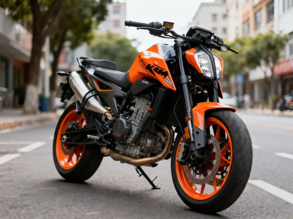 KTM Duke 125 z przodu na miejskiej ulicy, wyeksponowany silnik, koła i bak, podkreślające dane techniczne motocykla