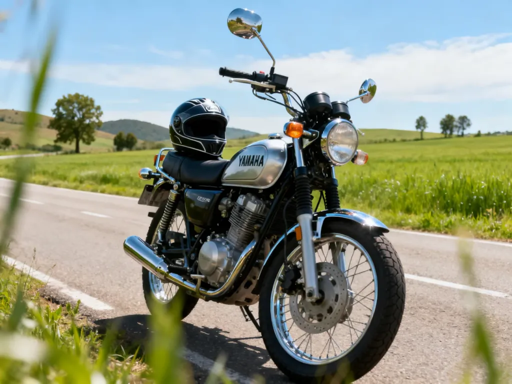 Yamaha Virago 125 zaparkowana na wiejskiej drodze, chromowane detale, kask na siedzeniu, w tle pola i niebo