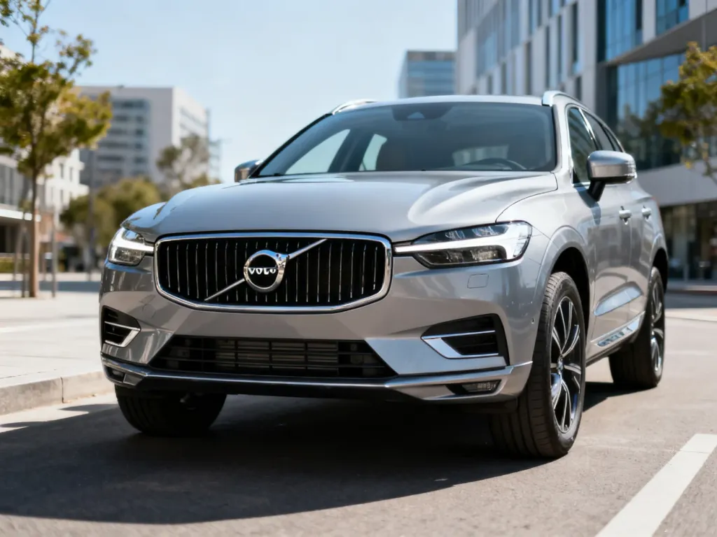 Srebrne Volvo XC60 zaparkowane na miejskiej ulicy, podkreślające nowoczesny design przodu, grill i reflektory w świetle dnia.