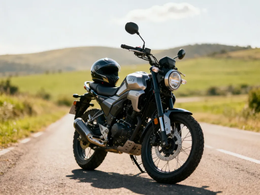Motocykl Junak RX One 125 typu adventure zaparkowany na wiejskiej drodze, z kaskiem na siedzeniu, wśród zielonych pól.